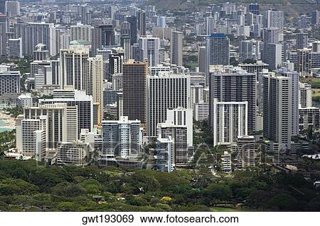 Stock Photo - High angle view of a cityscape, Honolulu, Oahu, Hawaii Islands, USA. Fotosearch
