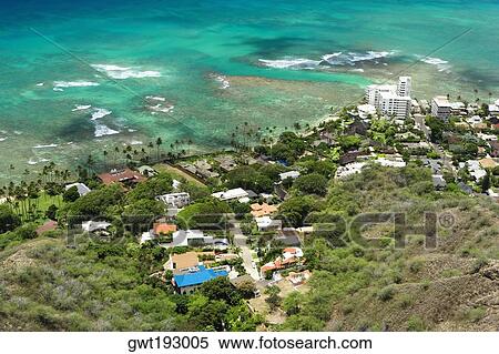 Stock Photography - High angle view of buildings at the coast, Diamond Head, Waikiki Beach, Honolulu, Oahu, Hawaii Islands, USA. Fotosearch
