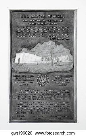 Stock Image - Close-up of an information board, USS Arizona Memorial, Pearl Harbor, Honolulu, Oahu, Hawaii Islands, USA. Fotosearch