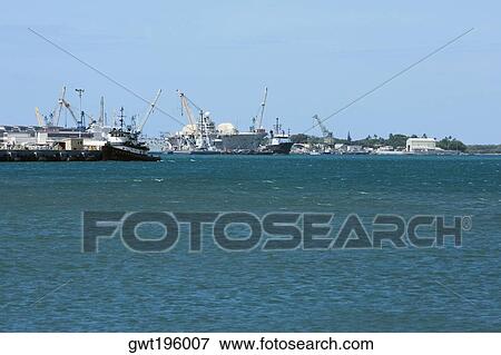 Stock Photo - Military ships at a commercial dock, Pearl Harbor, Honolulu, Oahu, Hawaii Islands, USA. Fotosearch
