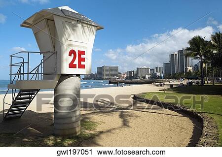 Stock Image - Lifeguard hut on the beach, Waikiki Beach, Honolulu, Oahu, Hawaii Islands, USA. Fotosearch