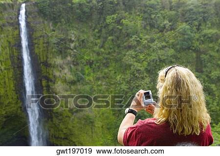 Rear view of a woman taking a photograph of a waterfall, Akaka Falls, Akaka Falls State Park, Hilo, Big Island, Hawaii Islands, USA View Large Photo Image Stock Photo - Rear view of a woman taking a photograph of a waterfall, Akaka Falls, Akaka Falls State Park, Hilo, Big Island, Hawaii Islands, USA. Fotosearch