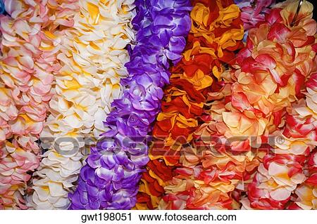 Stock Image - Close-up of garlands in a row. Fotosearch