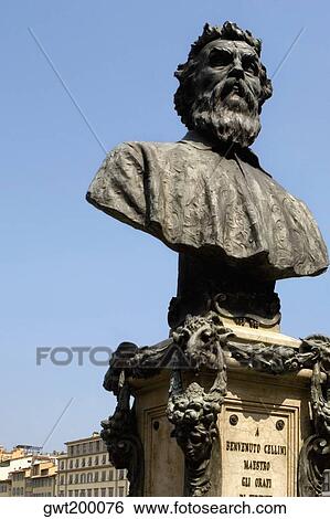 Bust of Benvenuto Cellini on a bridge, Ponte Vecchio, Florence, Tuscany, Italy View Large Photo Image Stock Photograph - Bust of Benvenuto Cellini on a bridge, Ponte Vecchio, Florence, Tuscany, Italy. Fotosearch