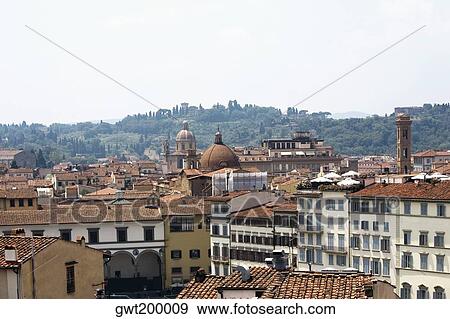 Stock Photo - High angle view of buildings in a city, Florence, Tuscany, Italy. Fotosearch