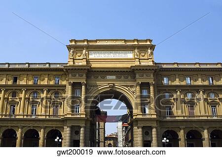 Stock Photo - Low angle view of the entrance gate of a market square, Uffizi Museum, Florence, Tuscany, Italy. Fotosearch