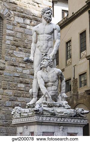 Naked Statues In Front Of A Brick Wall Hercules And Caco Piazza Della Signoria Florence Italy Stock Photo Gwt0078 Fotosearch