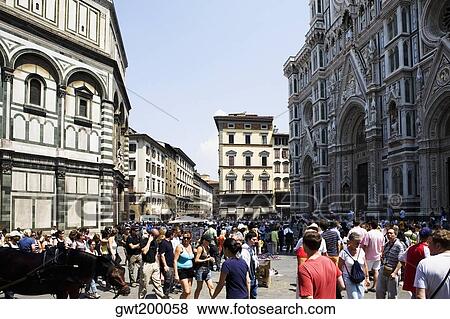 Stock Photo - Tourists on a road, Florence, Tuscany, Italy. Fotosearch
