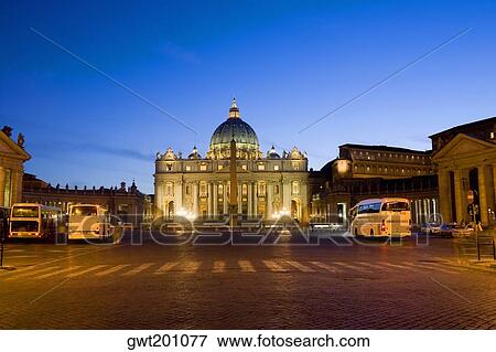 Basilica lit up at dusk, St. Peter's Basilica, St. Peter's Square, Vatican City View Large Photo Image Stock Photo - Basilica lit up at dusk, St. Peter's Basilica, St. Peter's Square, Vatican City. Fotosearch
