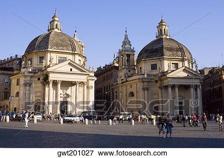 Tourists in front churches, Santa Maria Dei Miracoli, Santa Maria Di Montesanto, Piazza Del Popolo, Rome, Italy View Large Photo Image Stock Photo - Tourists in front churches, Santa Maria Dei Miracoli, Santa Maria Di Montesanto, Piazza Del Popolo, Rome, Italy. Fotosearch