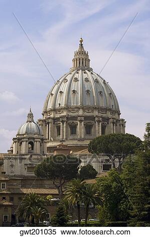 Stock Photography - Trees in front of a church, St. Peter's Square, St. Peter's Basilica, Vatican, Rome, Italy. Fotosearch