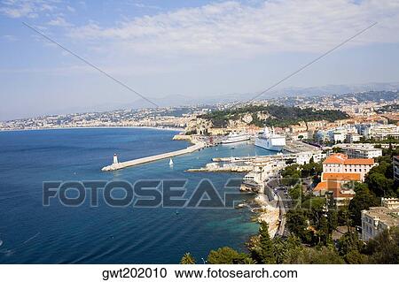Stock Image - High angle view of a jetty in the sea, Nice, France. Fotosearch