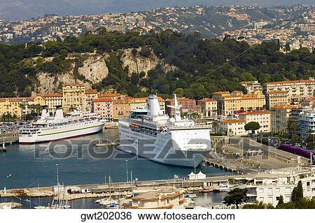 High angle view of cruise ships docked at a harbor, Nice, France View Large Photo Image Stock Photograph - High angle view of cruise ships docked at a harbor, Nice, France. Fotosearch