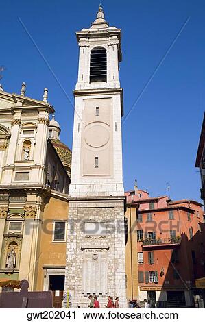 Low angle view of a bell tower, Nice, France View Large Photo Image Stock Image - Low angle view of a bell tower, Nice, France. Fotosearch