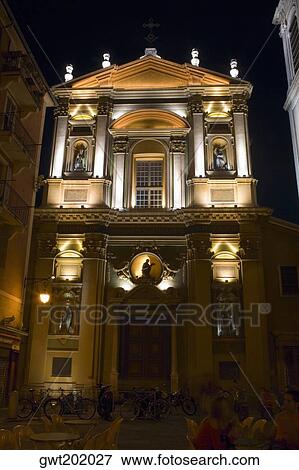 Low angle view of a restaurant lit up at night, Nice, France View Large Photo Image Stock Photo - Low angle view of a restaurant lit up at night, Nice, France. Fotosearch