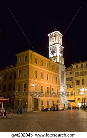 Low angle view of buildings lit up at night, Nice, France View Large Photo Image Stock Photography - Low angle view of buildings lit up at night, Nice, France. Fotosearch