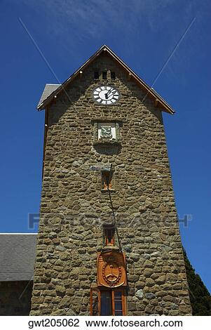 Stock Image - Low angle view of a clock tower, Civic Center, San Carlos De Bariloche, Argentina. Fotosearch