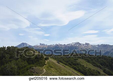 Stock Photograph - Panoramic view of a mountain range, San Carlos De Bariloche, Argentina. Fotosearch