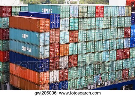 Cargo containers stacked at a commercial dock, Panama Canal, Panama View Large Photo Image Stock Photograph - Cargo containers stacked at a commercial dock, Panama Canal, Panama. Fotosearch