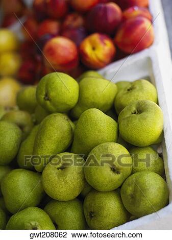 Stock Image - Close-up of fruits in fruit cartons, Providencia, Providencia y Santa Catalina, San Andres y Providencia Department, Colombia. Fotosearch