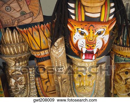 Close-up of wooden masks at a market stall, San Andres, Providencia y Santa Catalina, San Andres y Providencia Department, Colombia View Large Photo Image Stock Photo - Close-up of wooden masks at a market stall, San Andres, Providencia y Santa Catalina, San Andres y Providencia Department, Colombia. Fotosearch