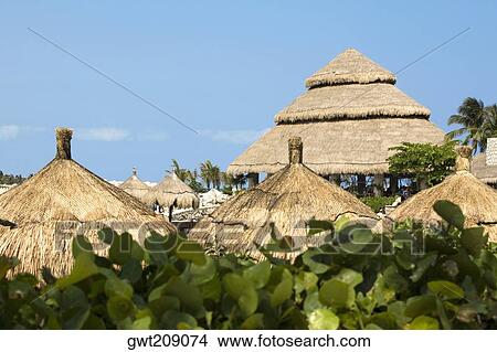 Picture - High section view of thatched roofs, Cancun, Mexico. Fotosearch