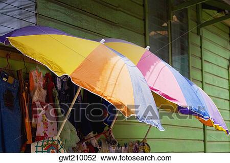 Three umbrellas with clothes in a clothing store, Coxen Hole, Roatan, Bay Islands, Honduras View Large Photo Image Stock Image - Three umbrellas with clothes in a clothing store, Coxen Hole, Roatan, Bay Islands, Honduras. Fotosearch