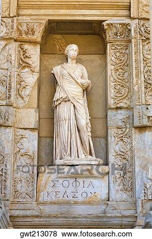 Statue on a wall, Celsus Library, Ephesus, Turkey View Large Photo Image Stock Photo - Statue on a wall, Celsus Library, Ephesus, Turkey. Fotosearch