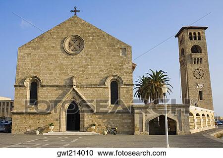 Stock Image - Facade of a church, Rhodes, Dodecanese Islands, Greece. Fotosearch