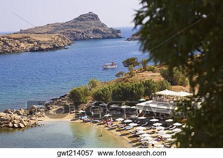 High angle view of a beach, Lindos, Rhodes, Dodecanese Islands, Greece View Large Photo Image Stock Photo - High angle view of a beach, Lindos, Rhodes, Dodecanese Islands, Greece. Fotosearch