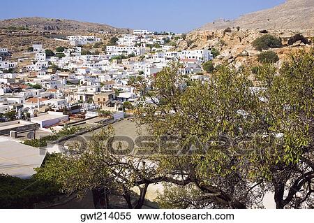 High angle view of a town, Lindos, Rhodes, Dodecanese Islands, Greece View Large Photo Image Stock Photography - High angle view of a town, Lindos, Rhodes, Dodecanese Islands, Greece. Fotosearch