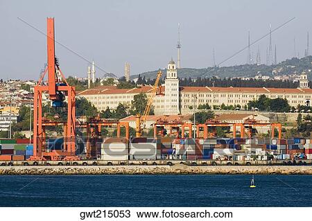 Stock Image - Cranes at a commercial dock, Athens, Greece. Fotosearch