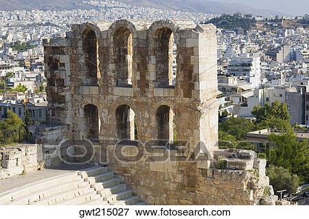Stock Photo - High angle view of the old ruins of an amphitheater, Theater Of Herodes Atticus, Acropolis, Athens, Greece. Fotosearch