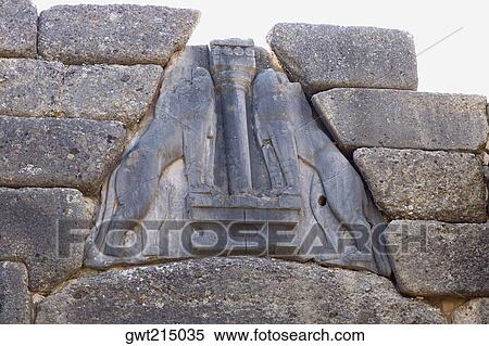 High section view of a gate, Lion Gate, Mycenae, Peloponnese, Athens, Greece View Large Photo Image Stock Photography - High section view of a gate, Lion Gate, Mycenae, Peloponnese, Athens, Greece. Fotosearch