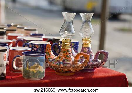 Stock Photo - Close-up of cups and lamps on a table, Istanbul, Turkey. Fotosearch