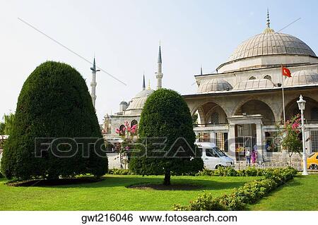 Stock Photograph - Formal garden in front of a building, Istanbul, Turkey. Fotosearch