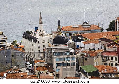 Stock Photograph - High angle view of buildings at the waterfront, Istanbul, Turkey. Fotosearch