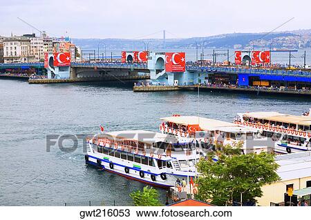 Stock Image - High angle view of tourboats at the dock, Istanbul, Turkey. Fotosearch