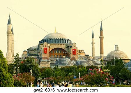 Stock Photograph - Tourists in front of a mosque, Aya Sofya, Istanbul, Turkey. Fotosearch