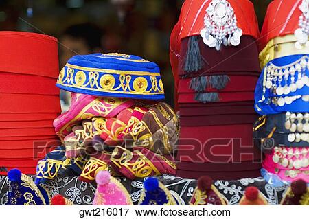 Stock Photo - Traditional caps at a market stall, Istanbul, Turkey. Fotosearch