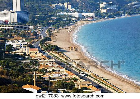 High angle view of a beach, Lalyssos Beach, Rhodes, Dodecanese Islands, Greece View Large Photo Image Stock Image - High angle view of a beach, Lalyssos Beach, Rhodes, Dodecanese Islands, Greece. Fotosearch