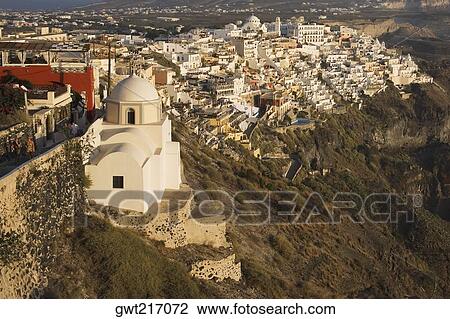 High angle view of a church on a mountain, Fira, Santorini, Cyclades Islands, Greece View Large Photo Image Stock Image - High angle view of a church on a mountain, Fira, Santorini, Cyclades Islands, Greece. Fotosearch