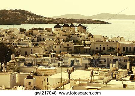High angle view of building in a town, Mykonos, Cyclades Islands, Greece View Large Photo Image Stock Photo - High angle view of building in a town, Mykonos, Cyclades Islands, Greece. Fotosearch