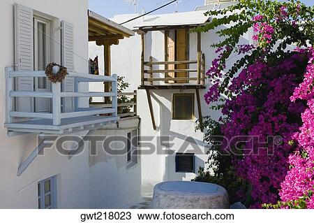 Stock Image - Balconies of buildings, Mykonos, Cyclades Islands, Greece. Fotosearch
