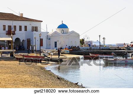 Boats in front of a church, Mykonos, Cyclades Islands, Greece View Large Photo Image Stock Image - Boats in front of a church, Mykonos, Cyclades Islands, Greece. Fotosearch