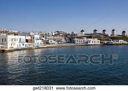 Buildings at the waterfront, Mykonos, Cyclades Islands, Greece View Large Photo Image Stock Image - Buildings at the waterfront, Mykonos, Cyclades Islands, Greece. Fotosearch