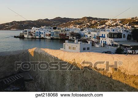 Buildings at the waterfront, Mykonos, Cyclades Islands, Greece View Large Photo Image Stock Photo - Buildings at the waterfront, Mykonos, Cyclades Islands, Greece. Fotosearch