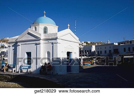 Church in a town, Mykonos, Cyclades Islands, Greece View Large Photo Image Stock Photo - Church in a town, Mykonos, Cyclades Islands, Greece. Fotosearch