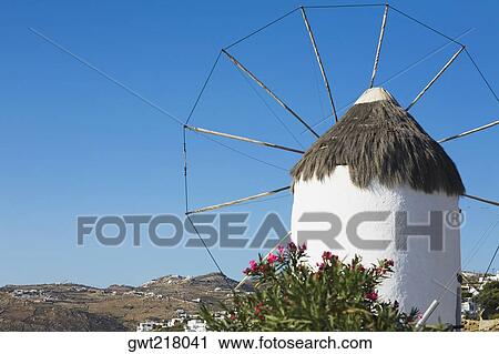 Low angle view of a traditional windmill, Mykonos, Cyclades Islands, Greece View Large Photo Image Stock Image - Low angle view of a traditional windmill, Mykonos, Cyclades Islands, Greece. Fotosearch