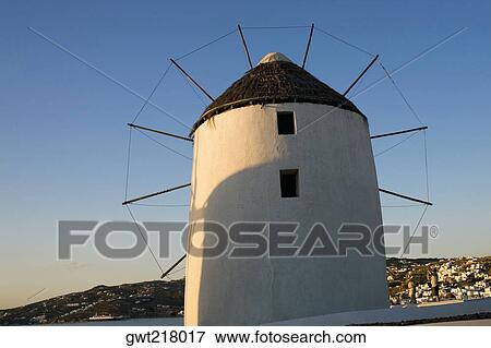 Low angle view of a traditional windmill, Mykonos, Cyclades Islands, Greece View Large Photo Image Stock Photo - Low angle view of a traditional windmill, Mykonos, Cyclades Islands, Greece. Fotosearch